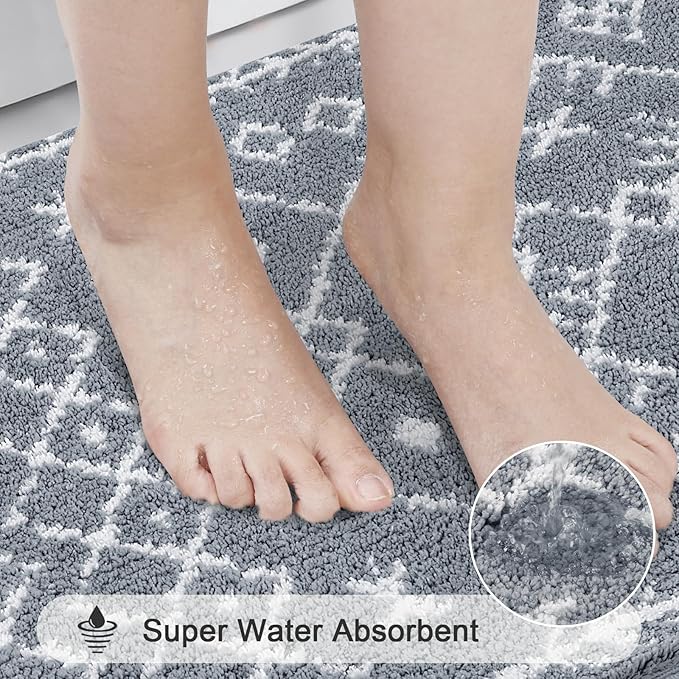 HEBE Bathroom Rugs Sets 5 Piece, Soft Absorbent Microfiber Bath Mat for Bathroom, Non Slip Washable Bath Rug Set with Toilet Cover, Bath Runner and U-Shaped Contour Toilet Rug, Light Grey