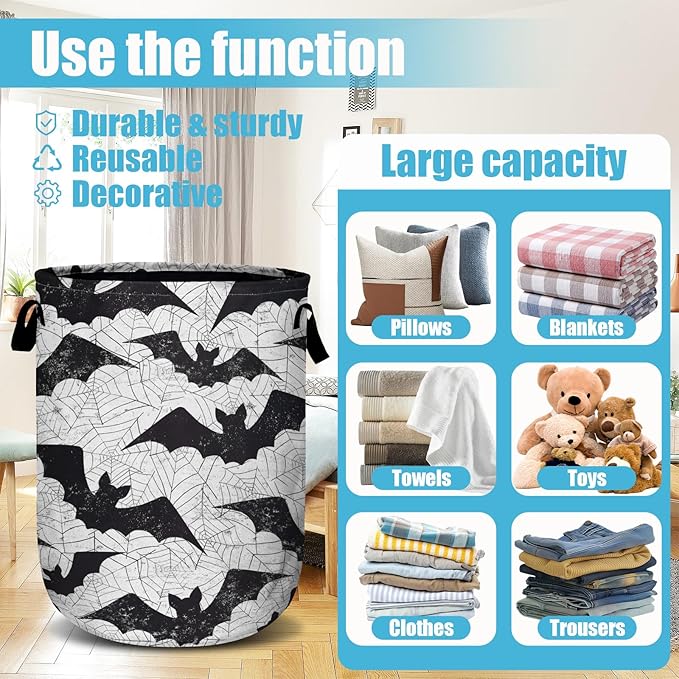 Retro Black White Bat Laundry Basket, Halloween Laundry Hamper Collapsible Oxford Cloth with Handle Clothes Toy Storage Bin for Bathroom Laundry Room Bedroom 15.7 X 20 Inch