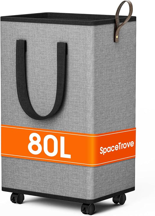 Laundry Basket with Wheels, Collapsible Laundry Baskets, Laundry Hamper with Handles Detachable Wheels, Rolling Laundry Basket, Dirty Clothes Hamper for Bathroom, Dorm, Bedroom, Grey, 80L