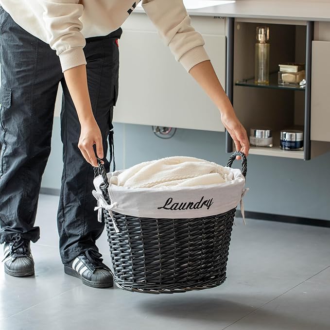 Wickerwise Handwoven Laundry Basket with Liner & Handles - Boho Decorative Storage Hamper for Clothes Blankets Pillows and Towels - Ideal for Laundry Room Bathroom Bedroom and Living Room, Black