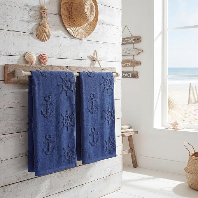 2 Pcs Coastal Hand Towels for Bathroom 100% Cotton Nautical Anchor Wheel Navy Blue Jacquard Weave Towels Absorbent Soft Dish Washcloth for Bathroom Kitchen Summer Theme Gifts, 29.5 x 13.8 Inch