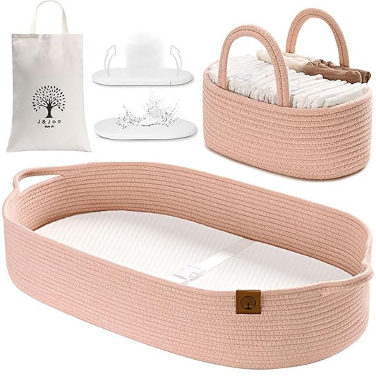 Baby Changing Basket Includes Diaper Caddy - Soft & Waterproof Dual-Cover, Portable, Changing Pad for Dresser & Changing Table, Gift for Baby Shower, Organic Cotton Rope