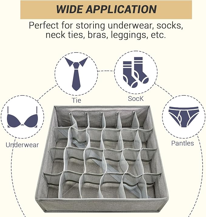 4 Pack 96-Cell Fabric Sock Organizer and Tie Organizer For Men - Fabric Foldable Drawer Divider for Socks, Underwear, Ties and Belts - Foldable, Multi-Cell Design, Space-Saving (Grey)