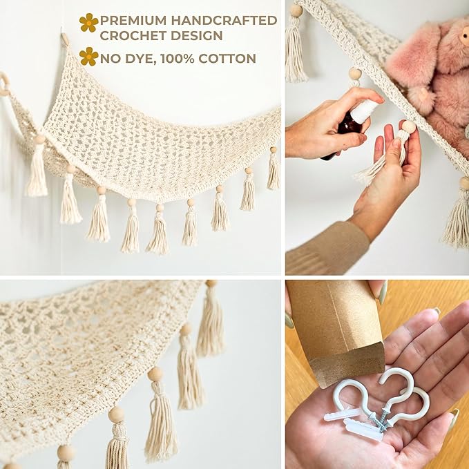 Macrame Hanging Net for Stuffed Toys - Corner Hammock Organizer for Plush Animals, Buttercream