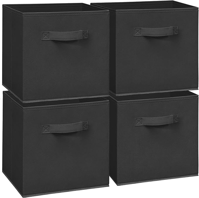 Easi 11 inch Cube Storage Bins, 4 Storage Cube Organizer, Collapsible Fabric storage cubes with Handles, Closet Storage Basket For Organization, Shelf Basket For Shelves Clothes Books, Black