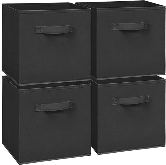 Easi 11 inch Cube Storage Bins, 4 Storage Cube Organizer, Collapsible Fabric storage cubes with Handles, Closet Storage Basket For Organization, Shelf Basket For Shelves Clothes Books, Black