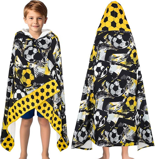 Hooded Towels for Kids Soccer 50" x 30" Toddler Bath Beach Towel Poncho with Hood Super Soft and Absorbent 100% Microfiber for Boys Ages 3-10