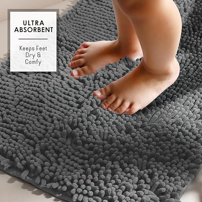 Hearth & Harbor Bathroom Rugs, Chenille Bath Mat - Machine Washable Bath Mats for Bathroom Non-Slip Backing Rubber, Quick Dry Mat - Grey Bath Rug, 17x24-26x44-20x24