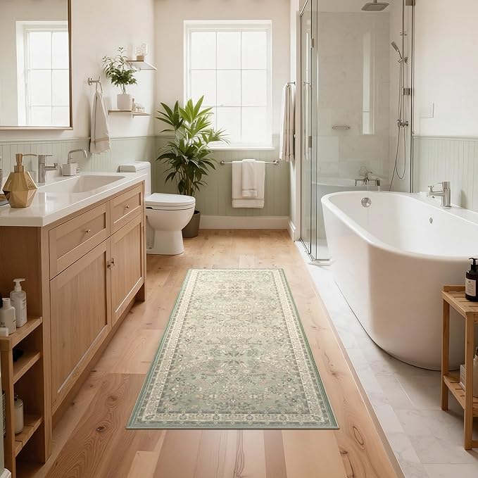 GRANNY SAYS Boho Bathroom Runner 47"x 18" Non-Slip,Quick Dry & Washable Vintage Bath Rug,Distressed Farmhouse Plush Velvet Bath Mat for Sink Shower and Bathtub, Flower Green