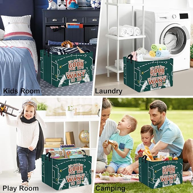Clastyle Vintage Sport Ball Kid Storage Basket Baby Laundry Hamper Boy Gift Toy Box Collapsible Clothes Organizer Nursery Bin for Bedroom, Green Football, 40*30*30 cm
