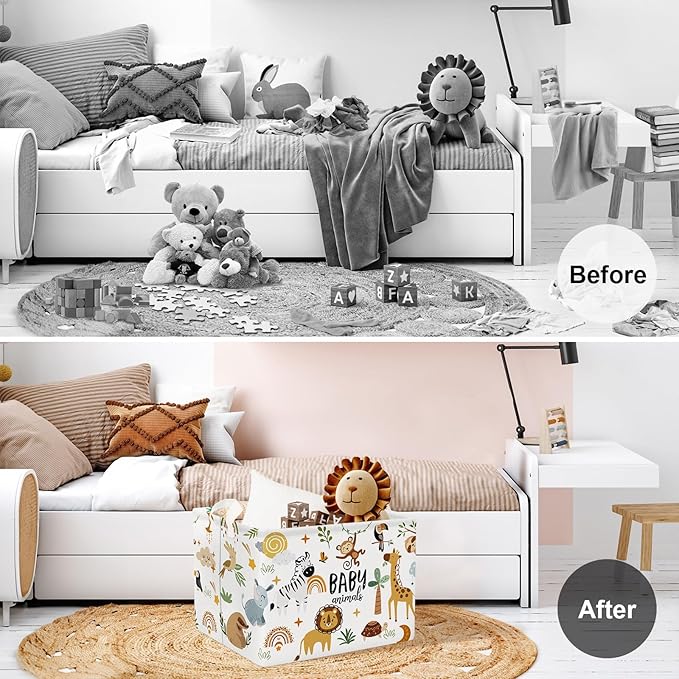 Clastyle Cute Forest Animal Laundry Basket Elephant Lion Kids Clothes Book Storage Basket Gift Toy Box for Bedroom Decor,Brown,40x30x30 cm