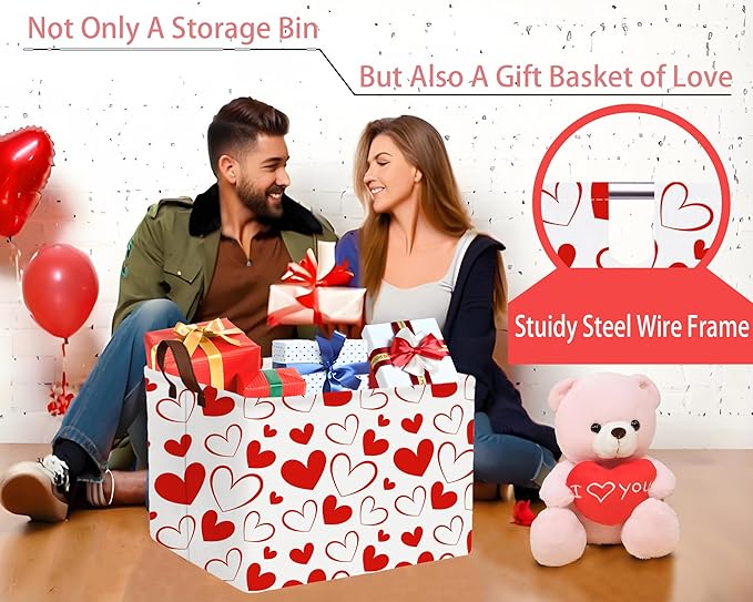 Large Valentine's Day Basket Heart Shaped Storage Bin for Gifts Collapsible Organizer Room Decor (Red Hollow Solid Love)