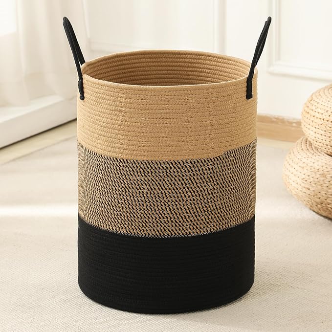 Woven Laundry Hamper Tall Rope Storage Basket for Blanket toys Dirty Clothes in Living Room Bathroom Bedroom (Jute Brown & Black, 100L/26.4Gal)