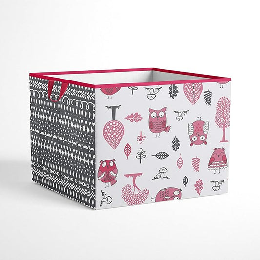 Bacati - Large Storage Tote Owls in the Woods Pink/Grey 14 X 14 X 10 inches