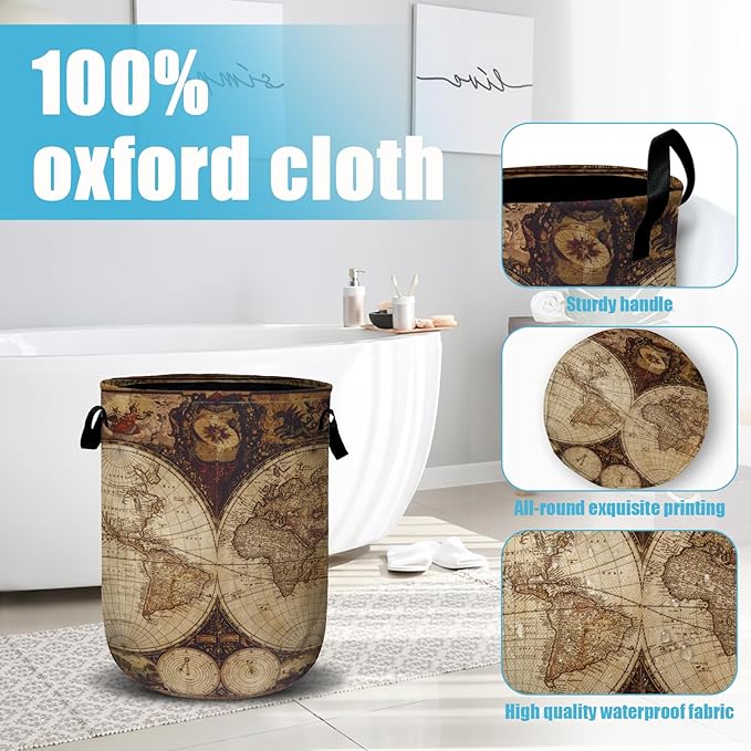 World Map Laundry Basket, Laundry Hamper Collapsible Oxford Cloth with Handle Clothes Toy Storage Bin for Bathroom Laundry Room Bedroom 15.7 X 20 Inch