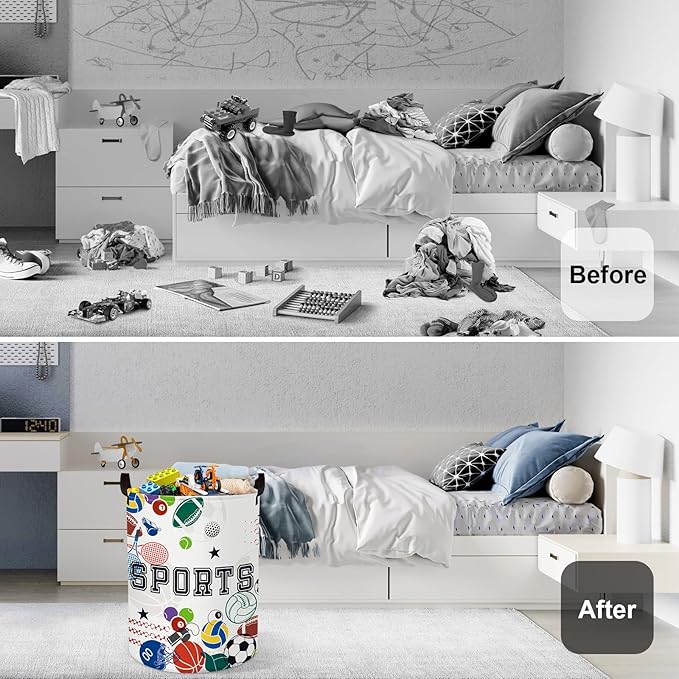 Sports Balls Baby Laundry Hamper Collapsible Clothes Kids Storage Basket Large Boys Gift Toy Box Bin for Play Room, White, 63L