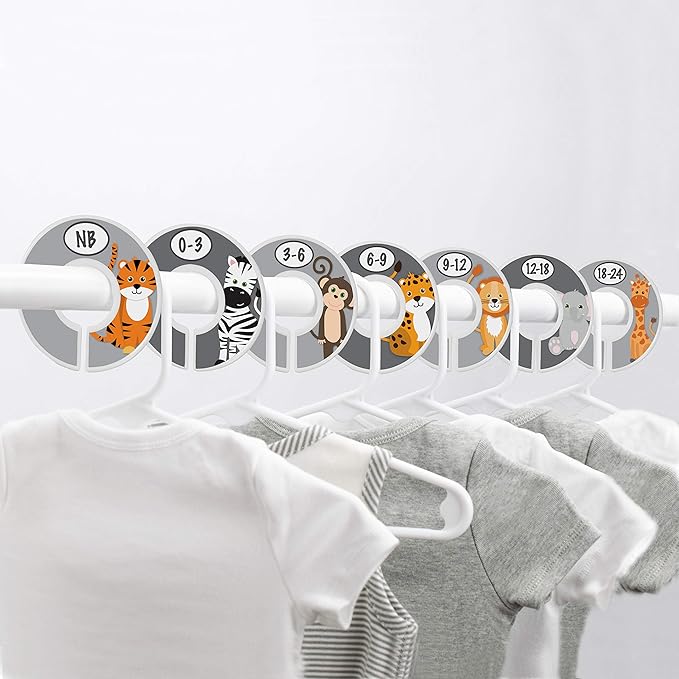 Safari Nursery Closet Size Dividers - 7X for Baby Clothes - Elephant Giraffe Zebra Lion Monkey Decor - for Boy or Girl - [Safari] [Grey/Gray]