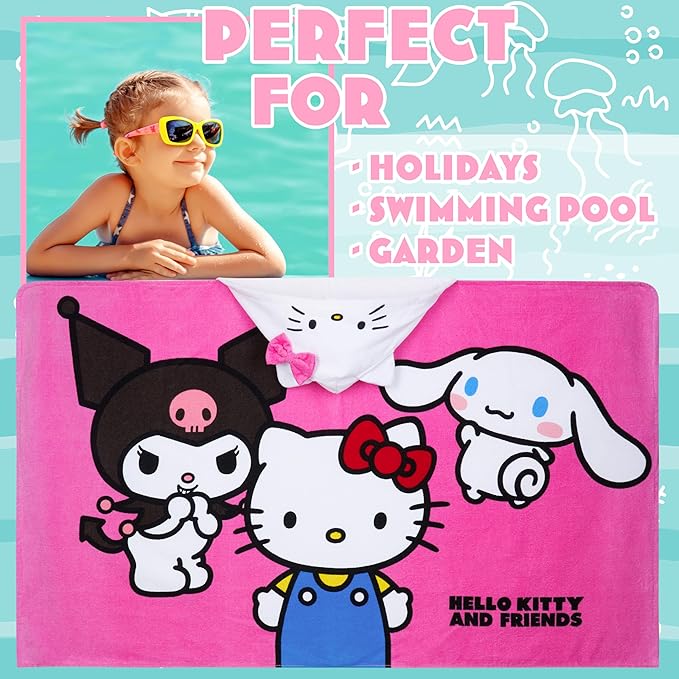Hello Kitty Beach Towel with Hood for Girls Cinnamoroll Kuromi Kids Poncho Bath Towels Kawaii Beach Accessories Travel Essentials Girls Gifts (Pink Towel Hello Kitty, 6-14 Years)