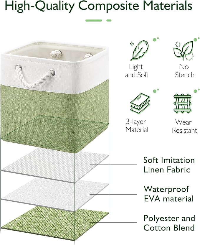 11 Inch Cube Storage Bins, 6 Pack Fabric Storage Cubes with Rope Handles, Organizer Baskets for Closet Shelves, Clothes and Home Organization(White/Green)