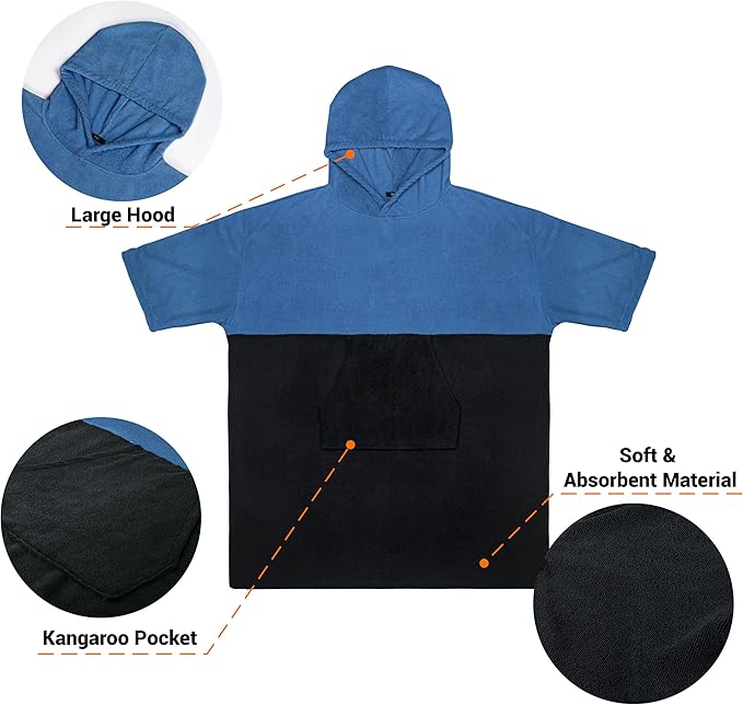 Hooded Beach Towels for Kids Surf Poncho Swim Robe for 6-13 Years, 3/4 Sleeve Big Kids Hooded Bath Towels Thick Changing Robe Girls Boys, Black Blue