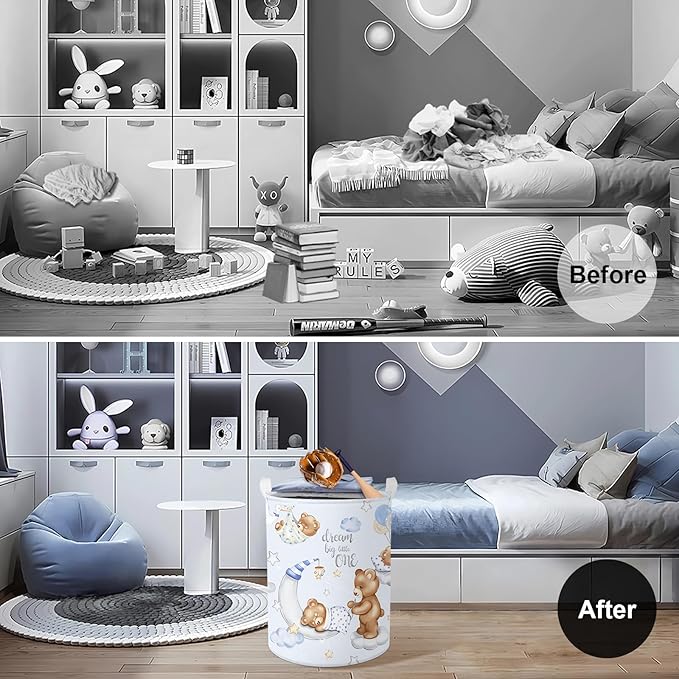 Clastyle 45L Large Blue Sleeping Bear Kid Boy Girl Laundry Hamper with Handle Collapsible Star Moon Clothes Toy Storage Basket with Lid for Nursery