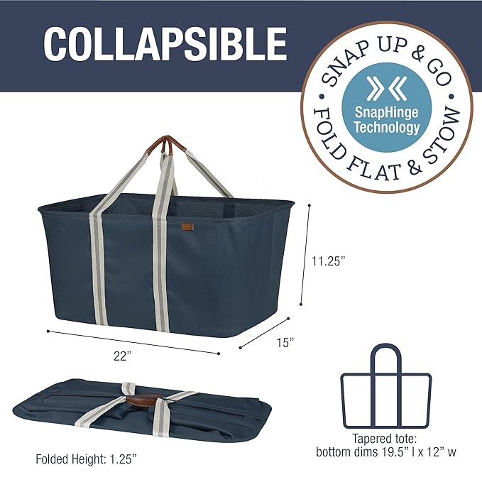 CleverMade Collapsible Laundry Tote 2-Pack (50L) – Foldable Carry-All Storage Bin for Laundry, Car Trunk, RV, Dorm & Home Organization – LUXE Cotton Blend with Vegan Leather Accents, Navy