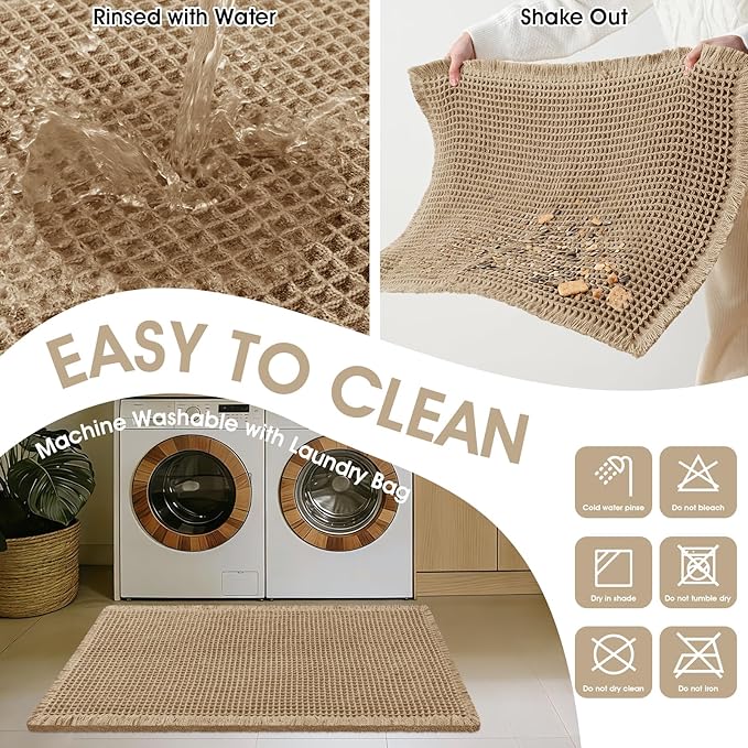 Accumtek Extra Large Waffle Bath Mat, 6'x2' Beige, Super Absorbent Non-Slip Quick Dry Bathroom Rugs with Tassels, Machine Washable Ultra Soft Boho Bath Rugs for Floor, Toilet Mats Boho Farmhouse Decor