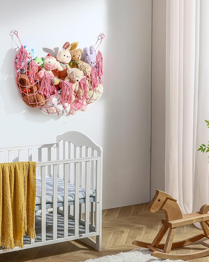 Macrame Stuffed Animal Hammock Toy Storage with Lights - Small Wall Net Toys Storage Stuff Animal Organizer Holder,Pink Room Decor for Teen Girls,Boho Nursery Bedoom Decor Aesthetic