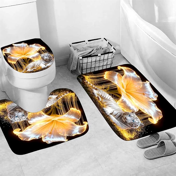 4 Piece Black and Gold Shower Curtain Set with Rugs, Majestic White Tiger & Glowing Golden Lily Floral Art, Luxury Waterproof Fabric Bathroom Decor, Non-Slip Bath Mats & Toilet Lid Cover