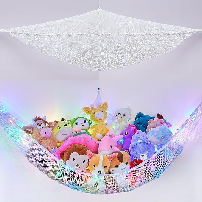 Basumee Stuffed Animals Net or Hammock with LED Light Hanging Toy Net Hammock for Stuffed Animals Storage Stuff Animals Hammocks for Nursery Room with Remote Control, 8 Kinds of Lights(Pack of 1)