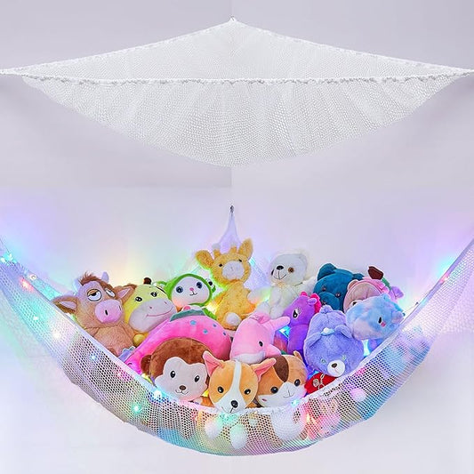 Basumee Stuffed Animals Net or Hammock with LED Light Hanging Toy Net Hammock for Stuffed Animals Storage Stuff Animals Hammocks for Nursery Room with Remote Control, 8 Kinds of Lights(Pack of 1)