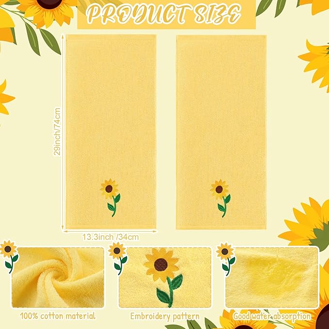 2 Pcs Sunflowers Hand Towels Bright Yellow Bathroom Decor 14x29 Inch Embroidered 100% Cotton Soft Absorbent Spring Summer Decorative Hand Towels for Bathroom Kitchen