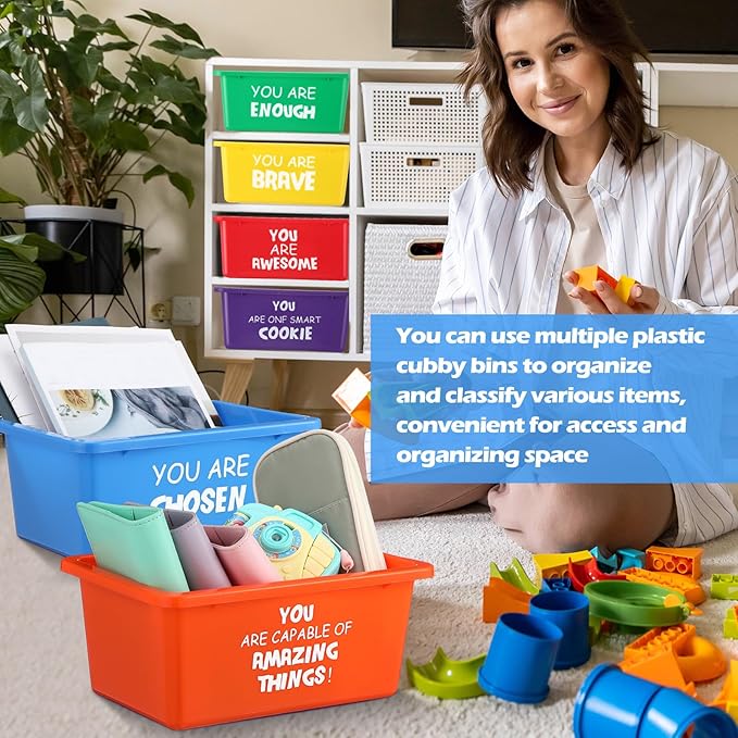 Thyle Plastic Cubby Bins with Labels 11.6 x 7.7 Inch Classroom book bins Stacking Storage Container Organizer Storage Cubbies for Classroom Office(Inspirational,Bright Color,12 Pieces)