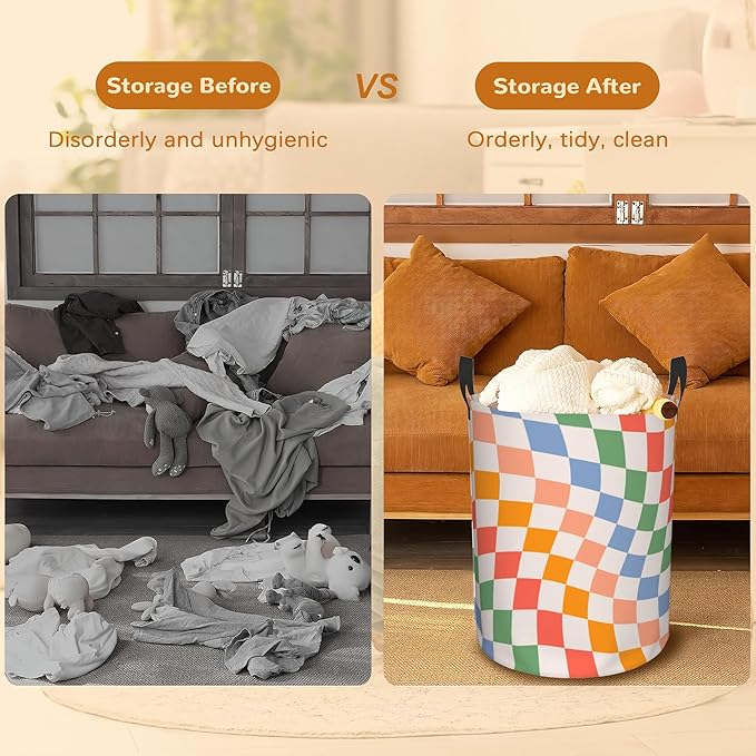 Checkered Laundry Basket,Colorful Retro Wavy Foldable Laundry Hamper Waterproof Oxford Cloth Tote Bag,Clothes Storage Bucket Decorative Toy Organizer For Bathroom Bedroom 16" x 20"