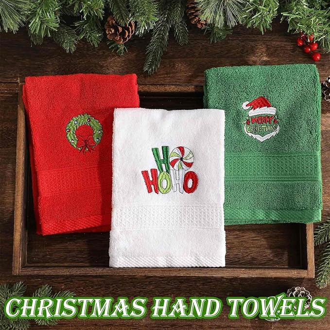 3 Pcs Merry Christmas Hand Towels for Bathroom Embroidered Bathroom Towels Farmhouse Decorative 13.78 x 29.53 Inch Absorbent Soft Cotton for Kitchen Dish Fast Drying Decor