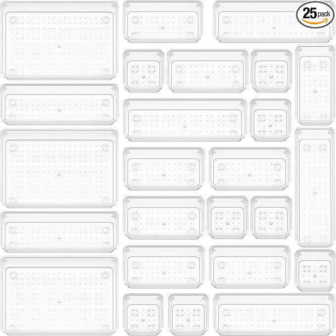 25 PCS Clear Plastic Drawer Organizer Set, Non-Slip/Crack Bathroom Vanity Drawer Organizer Trays Dividers, Versatile Storage Bins for Makeup, Jewelry and Office, Desk, Bathroom, Bedroom, Kitchen