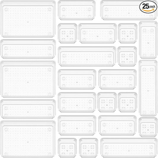 25 PCS Clear Plastic Drawer Organizer Set, Non-Slip/Crack Bathroom Vanity Drawer Organizer Trays Dividers, Versatile Storage Bins for Makeup, Jewelry and Office, Desk, Bathroom, Bedroom, Kitchen