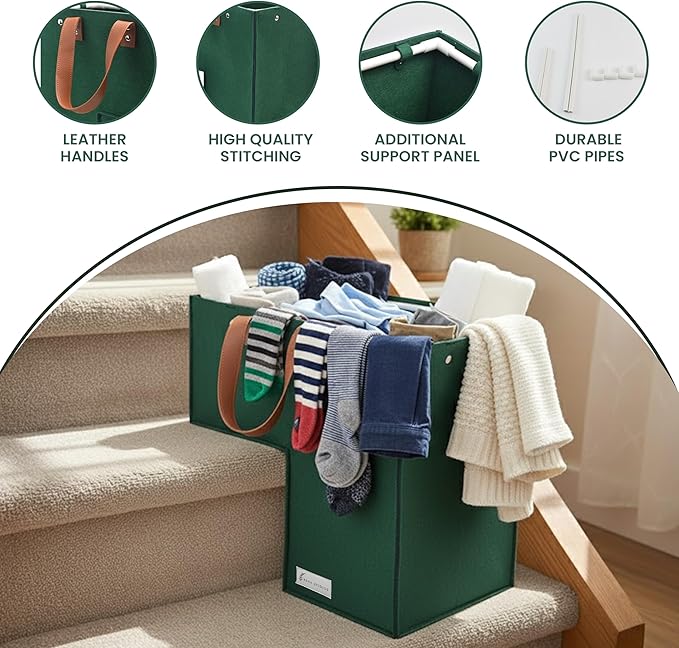 Stair Basket for Wooden and Carpeted Stairs with Durable Internal Support Frame - Foldable Stair Basket with Leather Handles, Versatile Laundry Organizer for Stairs (16”L x 10”W x 16”H)