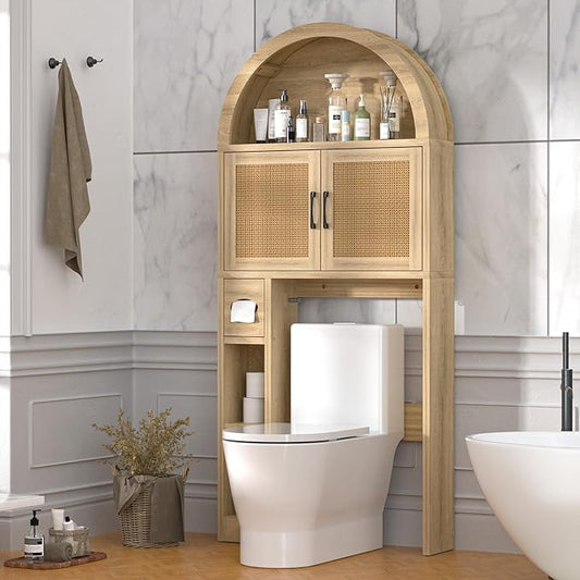 Over The Toilet Storage Cabinet, Over Toilet Bathroom Organizer with Rattan Doors, Arched Storage Organizer Cabinet with Anti-Tip Device and Adjustable Shelf for Bathroom, Natural