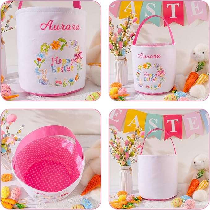 MT WORLD Toddler Easter Basket Personalized Easter Egg Bucket for Kids with Embroidered Name Pink Bunny Bucket Custom Candy Tote Bag for Baby Girls Candy Gifts Bucket