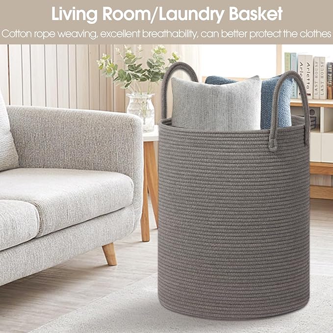 Large Woven Laundry Basket Hamper,60L Cotton Rope Storage Basket for Blankets in living room,Decorative Tall Nursery Hamper for Toys and Clothes,Baby Basket,Dark Grey