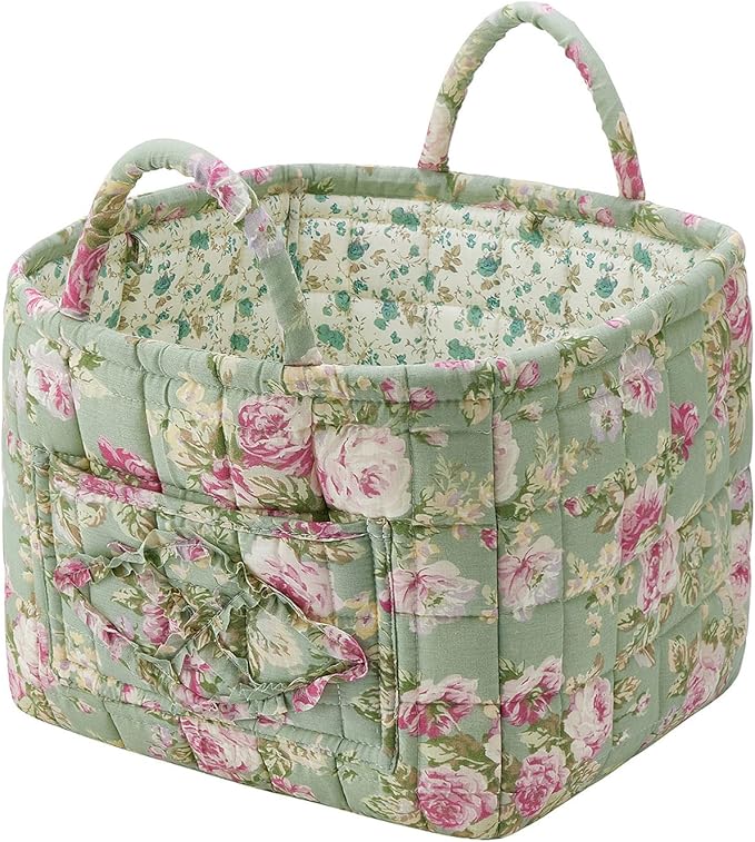 Boho Fabric Storage Basket, Large Capacity Laundry Basket, 12.2'' x 10.23'' x 10.23'' Collapsible Laundry Hamper with Easy Carry Handles (Army Green, L)
