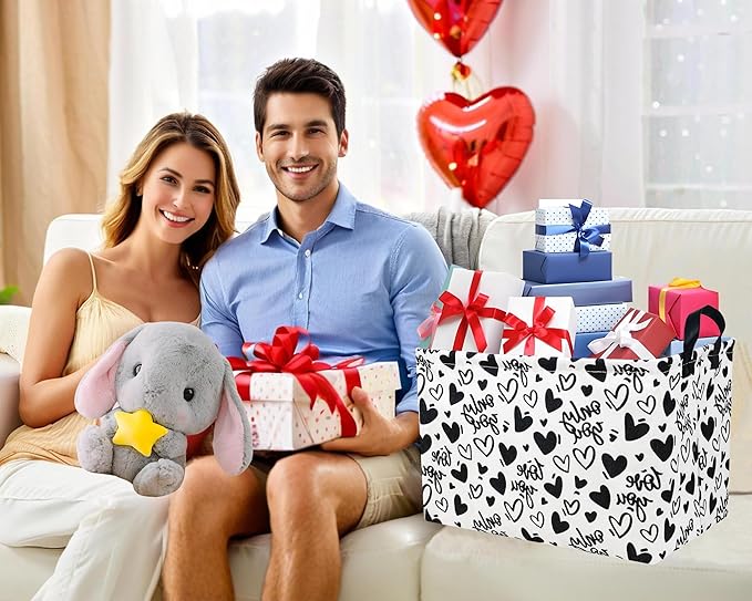 Large Valentine's Day Basket Heart Shaped Storage Bin for Gifts Collapsible Organizer Room Decor (Black Hollow Entity Love)