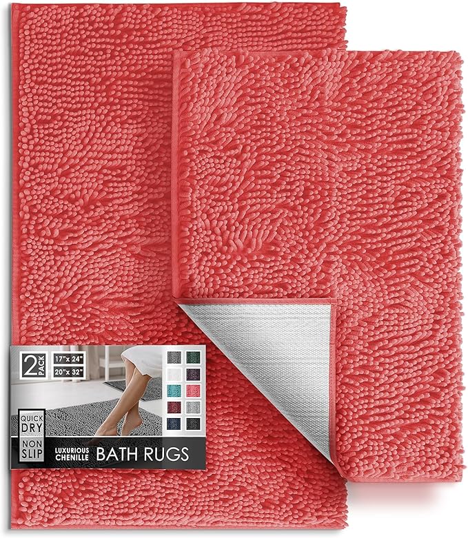 Hearth & Harbor Bathroom Rugs, Chenille Bath Mat - Machine Washable Bath Mats for Bathroom Non-Slip Backing Rubber, Quick Dry Bathroom Mat
