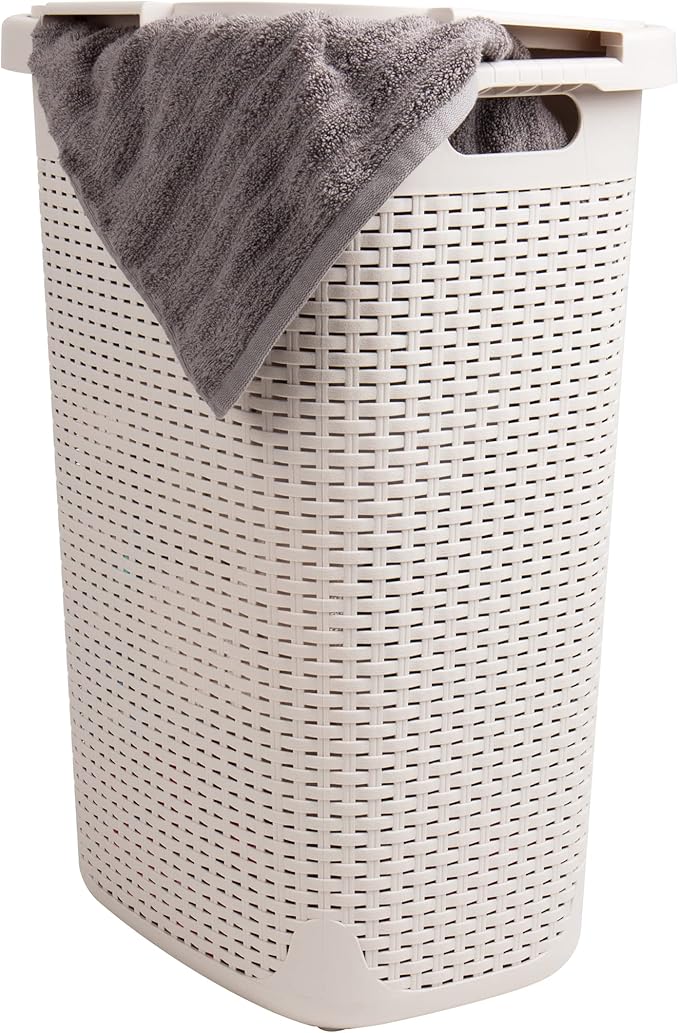 Mind Reader Slim Laundry Hamper with Lid, 60L Clothes Baskets, Premium Wicker Design, Plastic, 2-Pack, Ivory