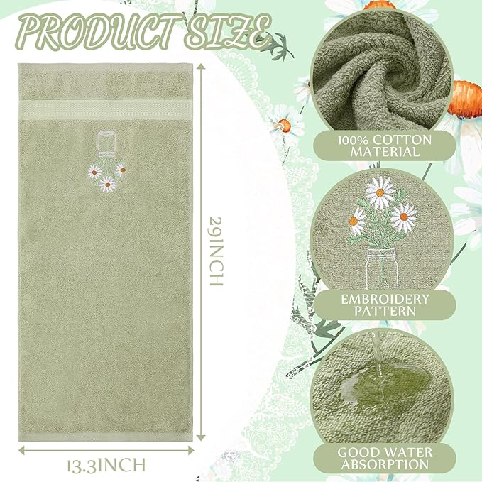 2 Pcs Daisy Flower Hand Towels Gray Green Bathroom Decor 14x29 Inch Embroidered 100% Cotton Soft Absorbent Spring Summer Decorative Hand Towels for Bathroom Kitchen