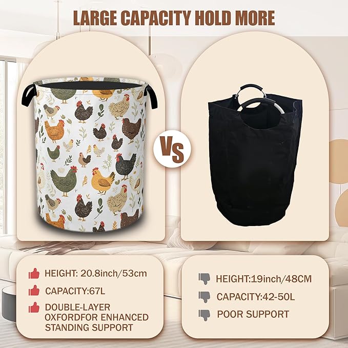 Cute Roosters Laundry Basket,Chicken Hens Plants Collapsible Laundry Hamper Waterproof Oxford Cloth With Handles,Clothes Storage Bucket Toy Organizer For Bathroom/Nursery/Bedroom 16" x 20.8"
