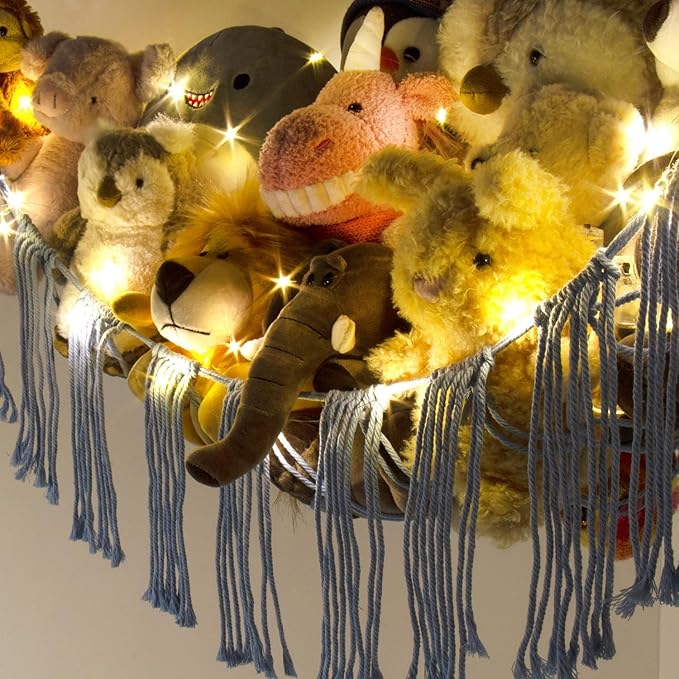 Stuffed Animal Storage Hammock Corner X-Large with LED Light - Baby Hammock Hanging Holder Plushies Net for Stuff Animals Organizer - Cute Room Decor Aesthetic Kids Toddler Nursery Bedroom