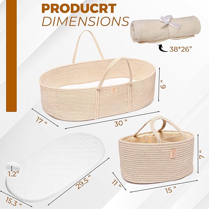 Trendy Baby Changing Basket- Unisex Baby Moses Basket Set of 4 Pieces, Waterproof Pad Cover, Caddy Diaper Organizer,Cotton Blanket - Boho Basket - Nursery Decor - Bassinet Changing Table Topper