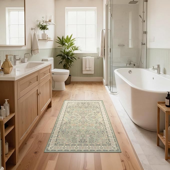 GRANNY SAYS Boho Bathroom Rugs 26"x 18" Non-Slip, Quick Dry & Washable, Vintage Bath Rug, Distressed Farmhouse Plush Velvet Bath Mat, Absorbent for Shower Toilet Sink, Pet Friendly - Flower Green